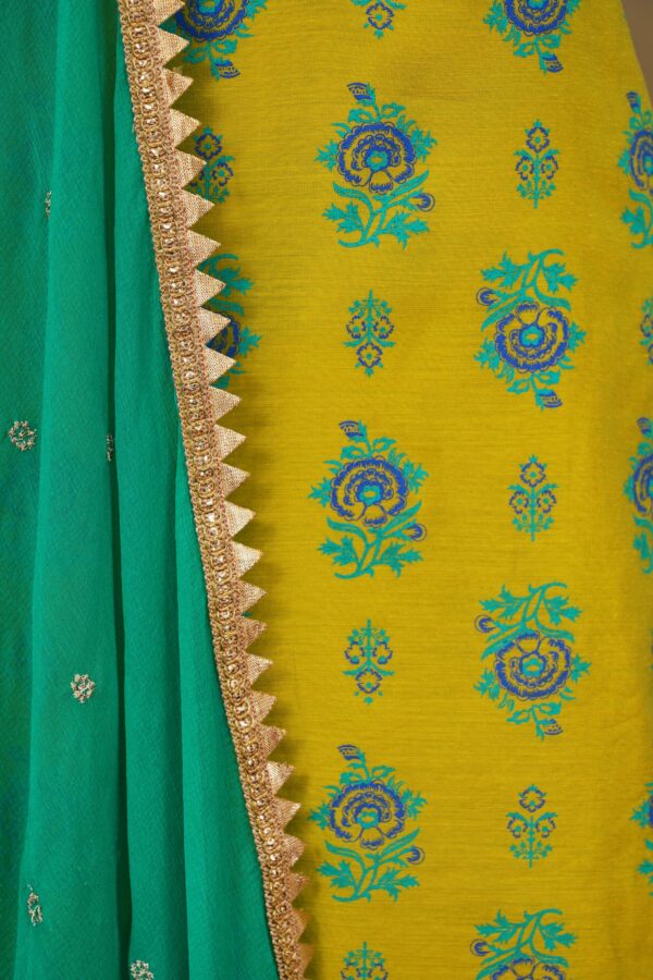 Yellow floral design top with turquoise blue bottom and turquoise blue shawl kurti - Image 2