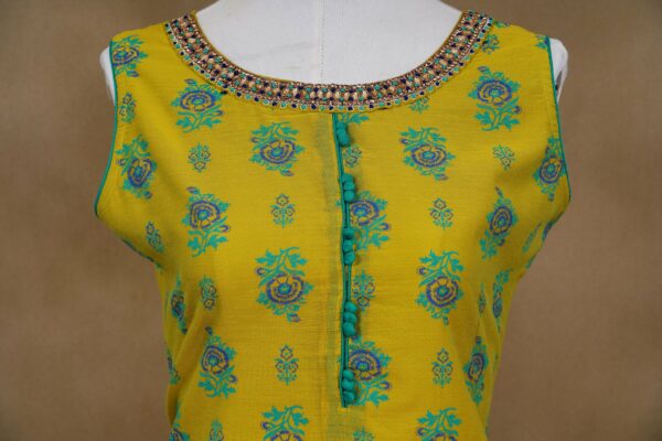 Yellow floral design top with turquoise blue bottom and turquoise blue shawl kurti - Image 5