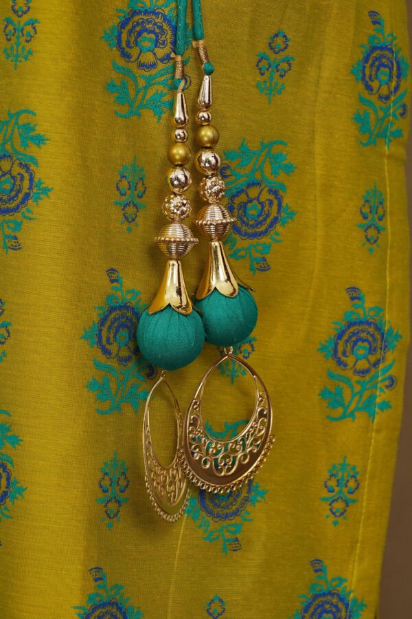 Yellow floral design top with turquoise blue bottom and turquoise blue shawl kurti - Image 6