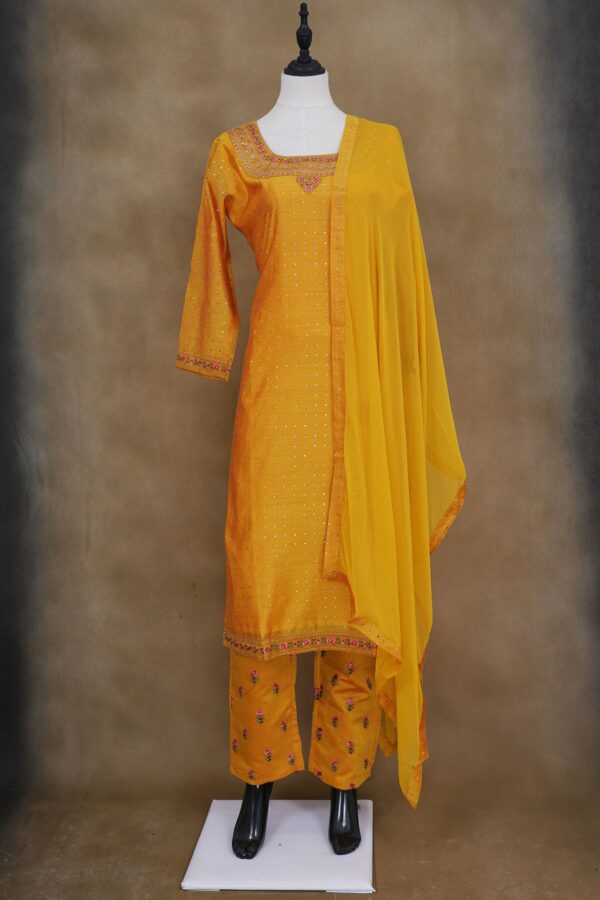 Yellow top with yellow bottom and yellow shawl kurti