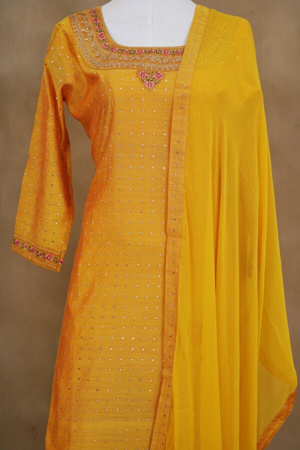 Yellow top with yellow bottom and yellow shawl kurti - Image 2