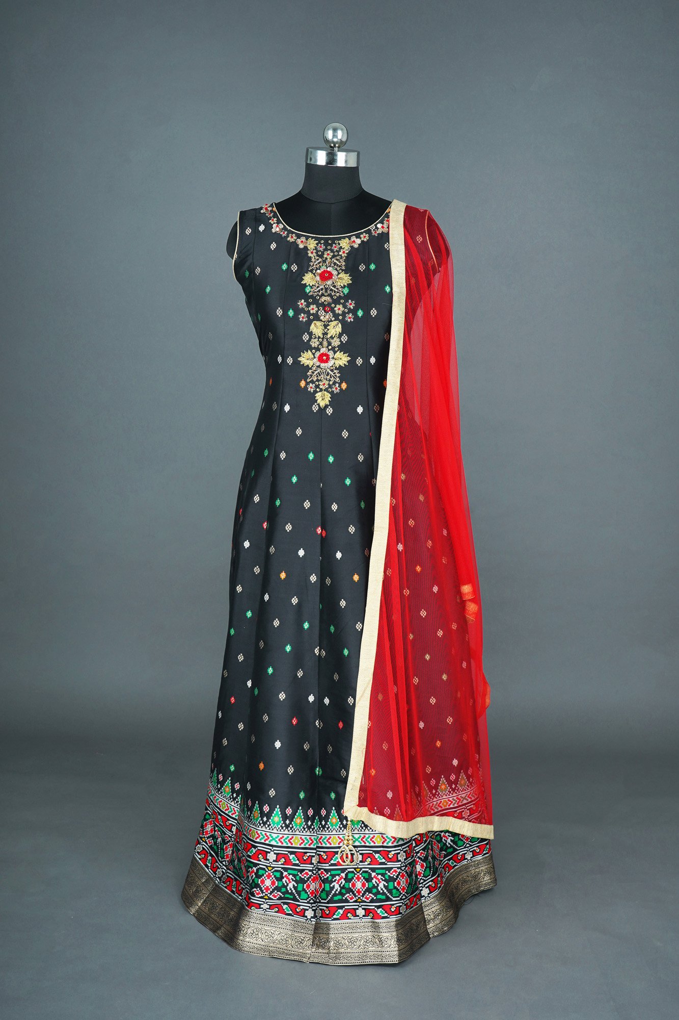 Black base colour with Multi colour design lehenga