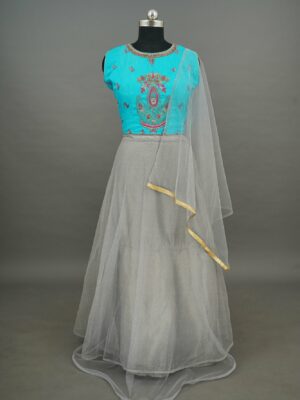 Blue Floral top with grey net bottom lehenga