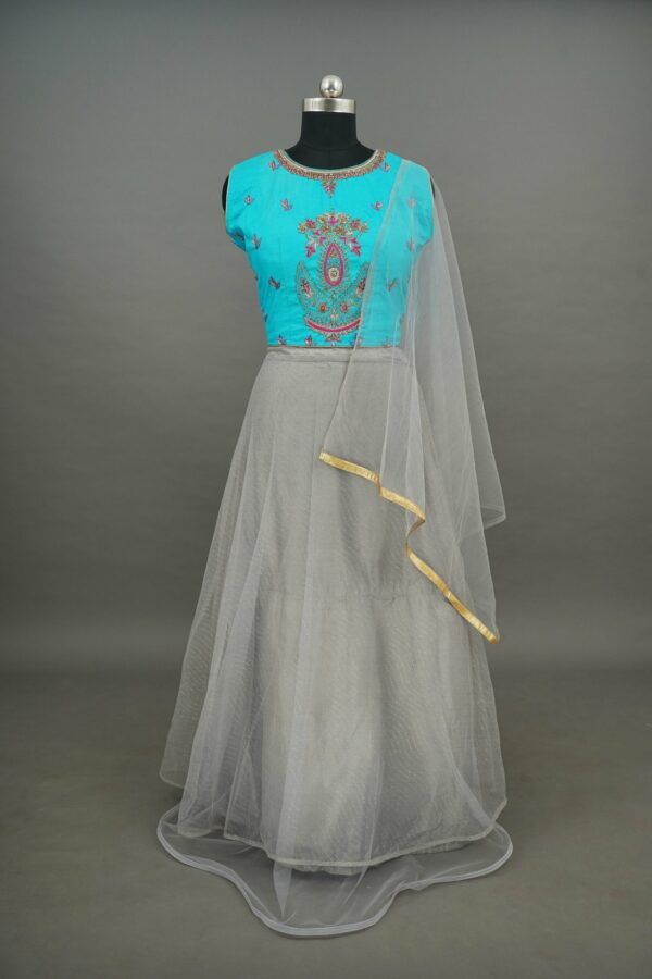Blue Floral top with grey net bottom lehenga