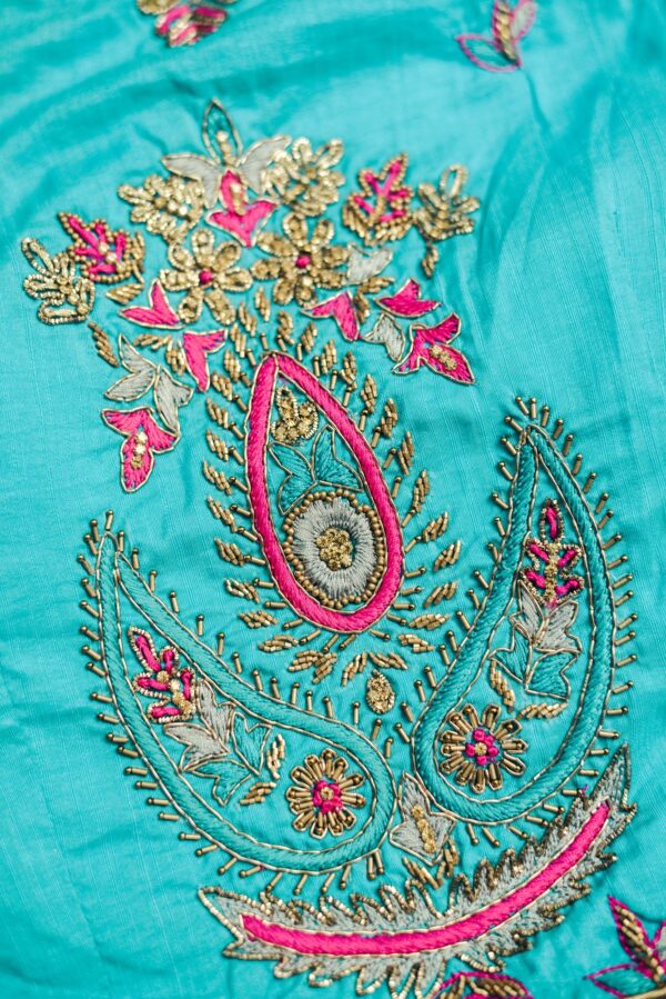 Blue Floral top with grey net bottom lehenga - Image 3