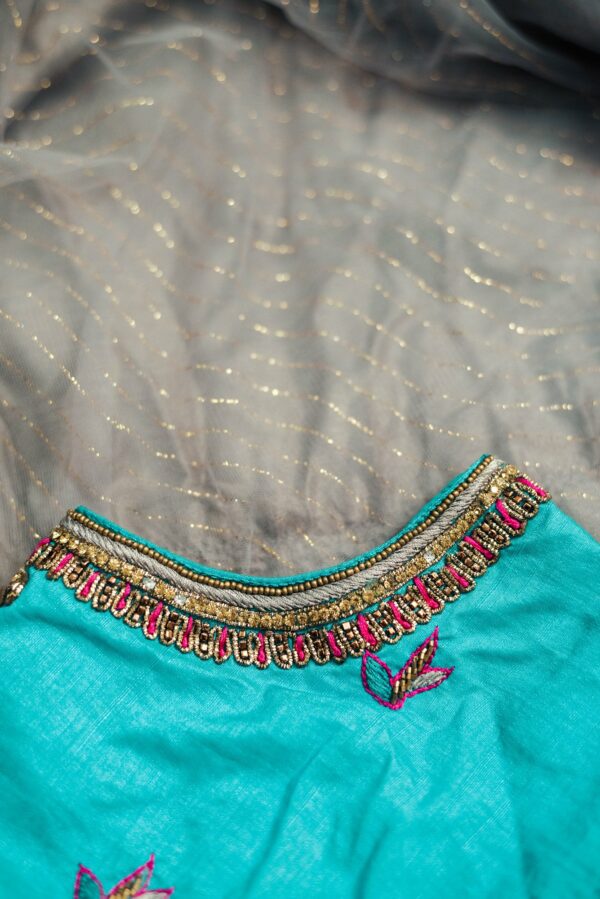 Blue Floral top with grey net bottom lehenga - Image 4