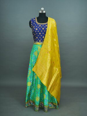 Blue top green bottom with yellow shawl lehenga
