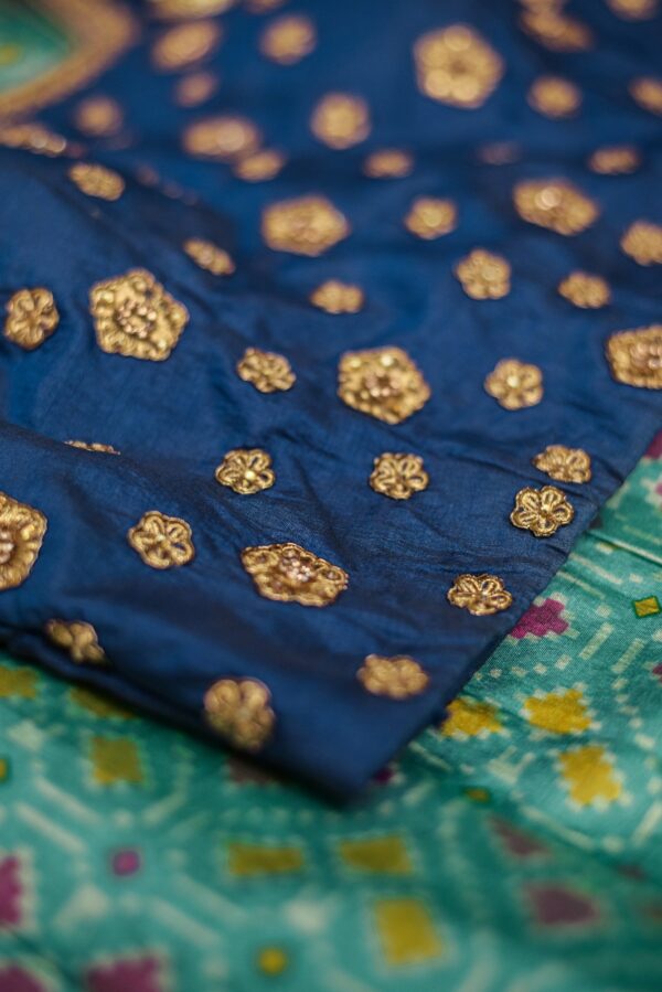 Blue top green bottom with yellow shawl lehenga - Image 2