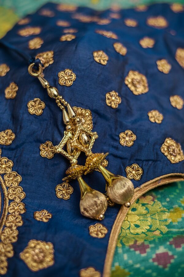 Blue top green bottom with yellow shawl lehenga - Image 4