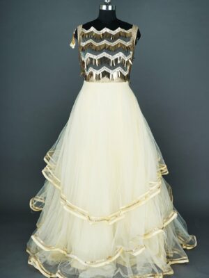 Brown design top with White net bottom Lehenga