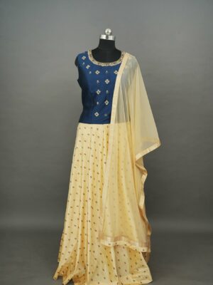 Dark blue top with light yellow bottom lehenga