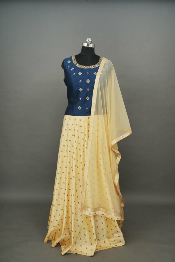 Dark blue top with light yellow bottom lehenga