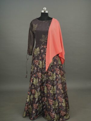 Dark brown with floral design bottom and orange shawl lehenga