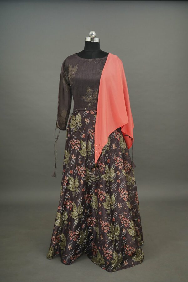 Dark brown with floral design bottom and orange shawl lehenga