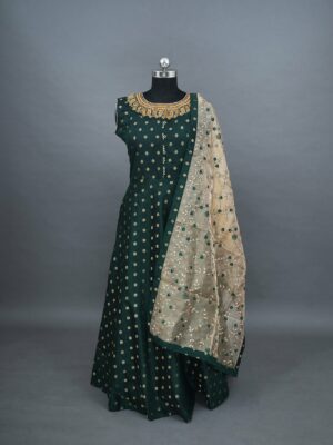 Dark green with golden design and beige shawl