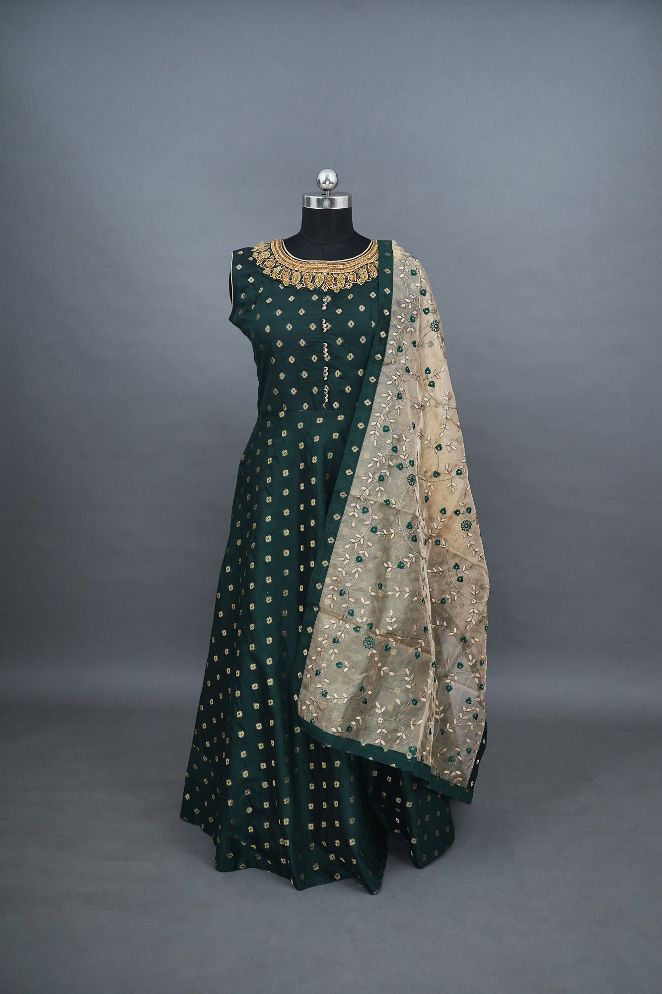 Dark green with golden design and beige shawl