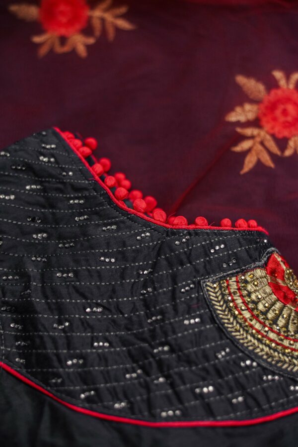 Dark grey top and bottom with floral design lehenga - Image 4