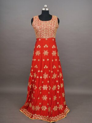 Golden floral top with red floral design bottom Lehenga