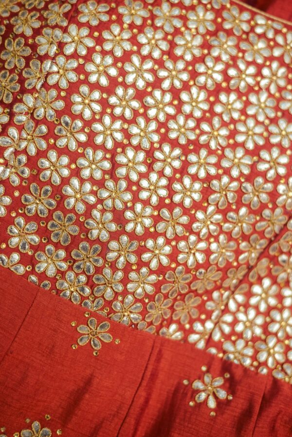 Golden floral top with red floral design bottom Lehenga - Image 2