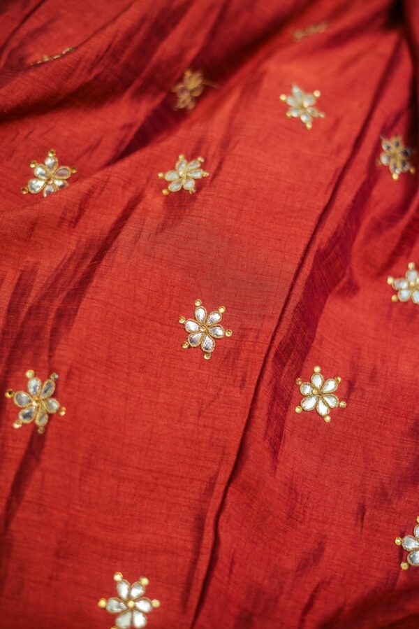 Golden floral top with red floral design bottom Lehenga - Image 4