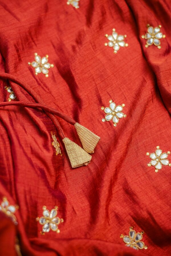 Golden floral top with red floral design bottom Lehenga - Image 5