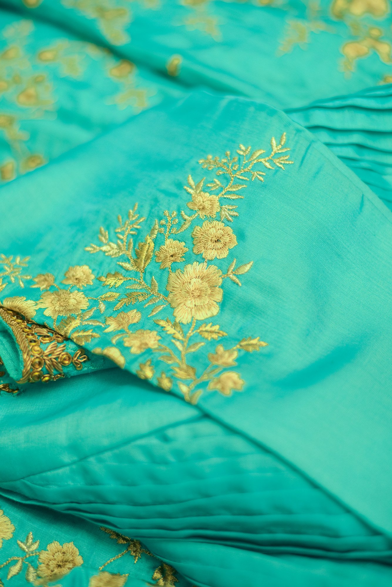 Green colour lehenga with floral design at bottom - Image 3