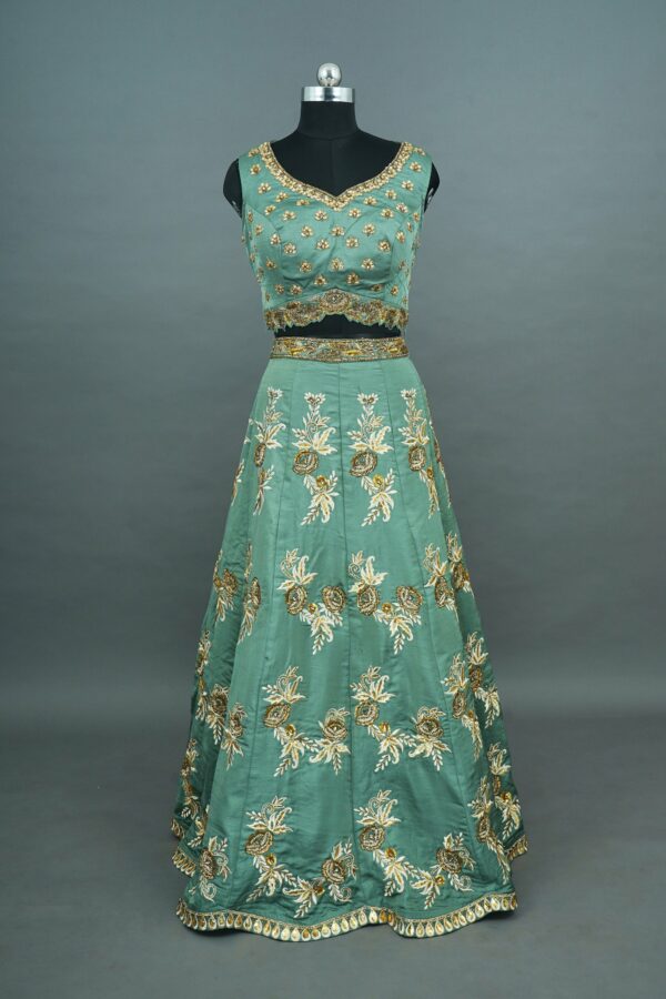 Green with floral design lehenga