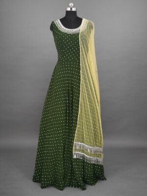 Green lehenga with Silver colour design and beige shawl