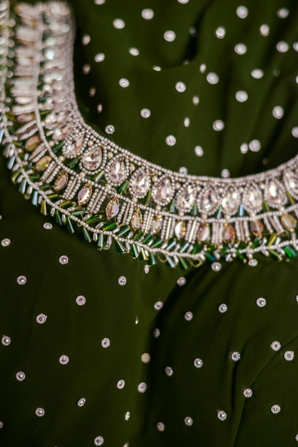 Green lehenga with Silver colour design and beige shawl - Image 2