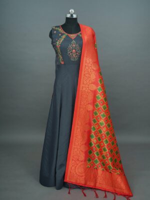 Grey lehengas with floral design and Red shawl