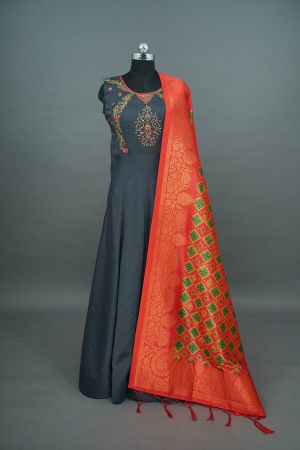 Grey lehengas with floral design and Red shawl