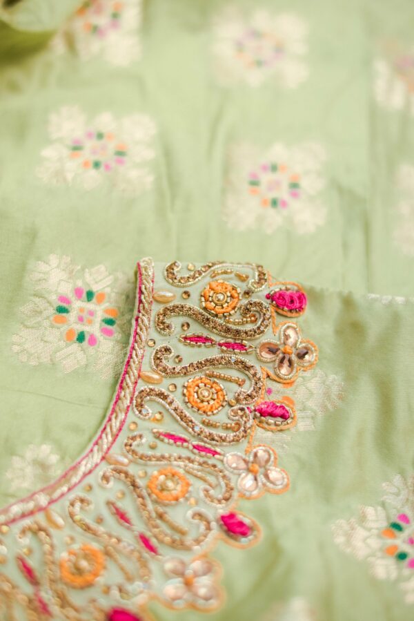 Light Green floral design with red shawl Lehenga - Image 3