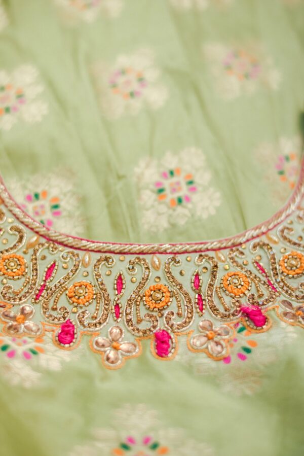 Light Green floral design with red shawl Lehenga - Image 4