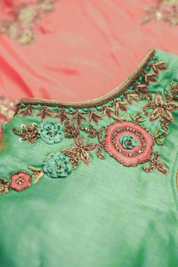 Light green with floral design with light orange bottom lehenga - Image 3