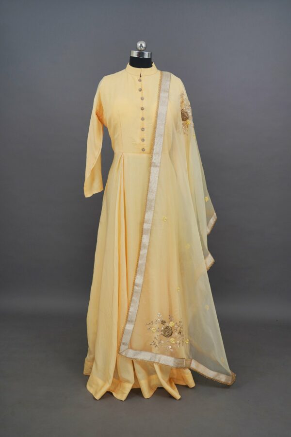 Light yellow with closed neck lehenga