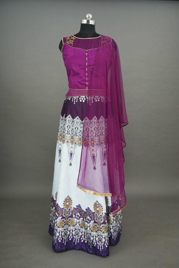 Magenta top and white bottom with multi colour design lehenga