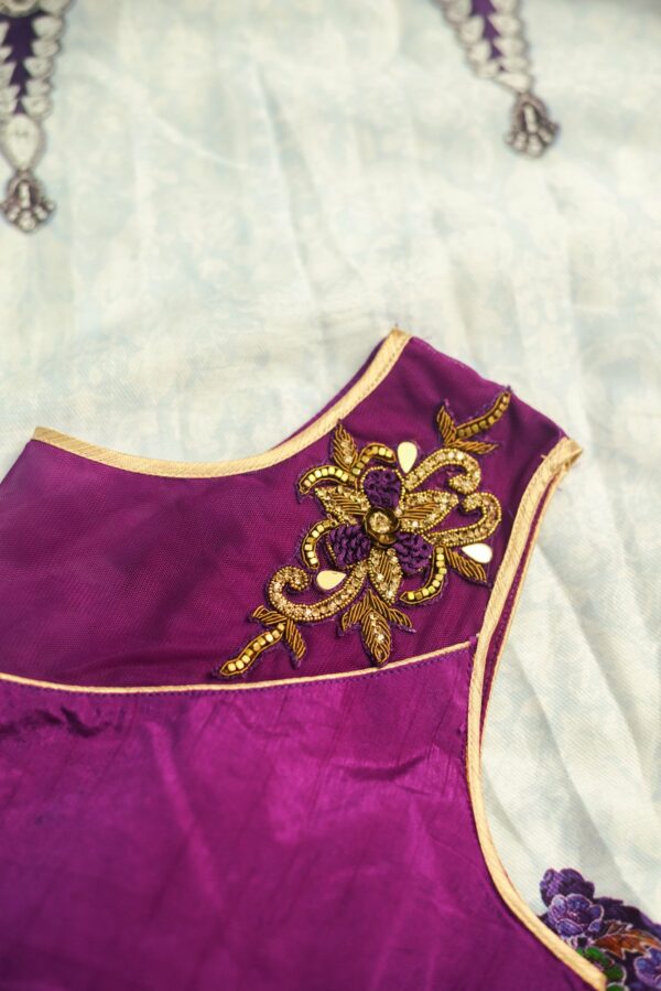 Magenta top and white bottom with multi colour design lehenga - Image 4