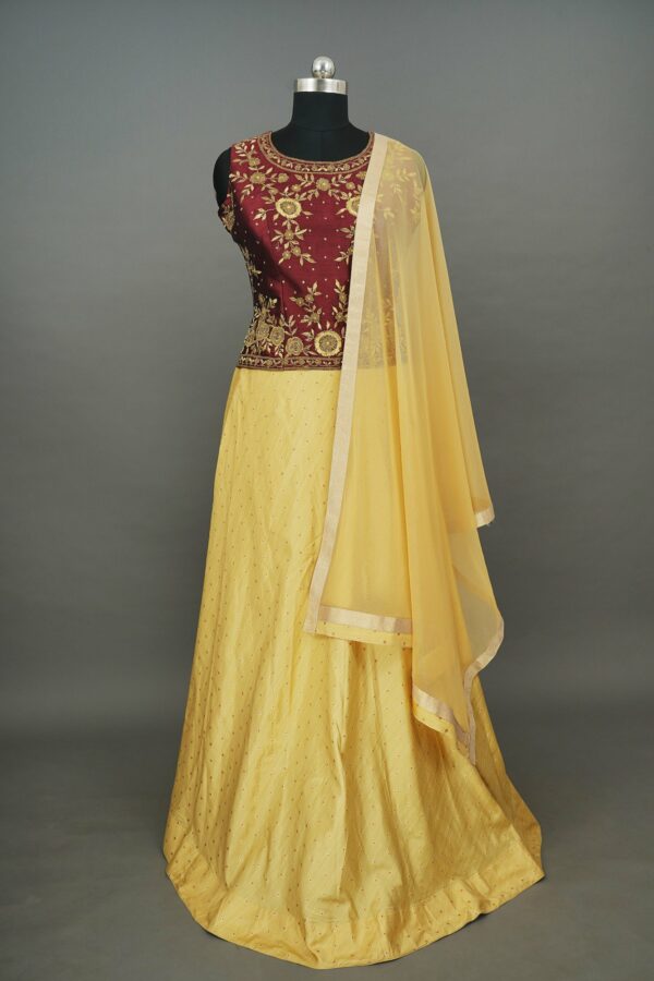 Maroom floral top with yellow bottom lehenga