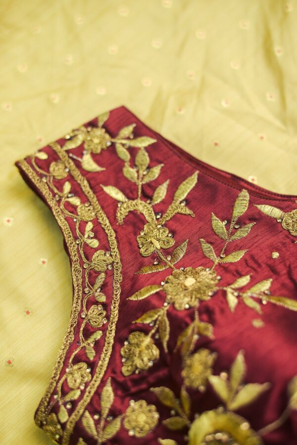 Maroom floral top with yellow bottom lehenga - Image 3
