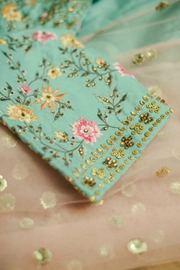 Mint green lehenga with Floral top and bottom - Image 2