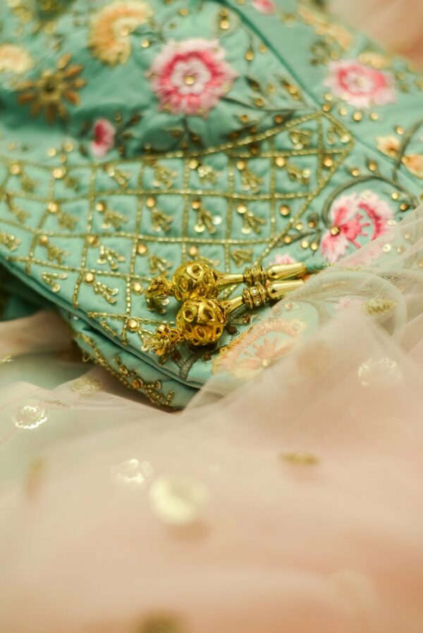Mint green lehenga with Floral top and bottom - Image 4