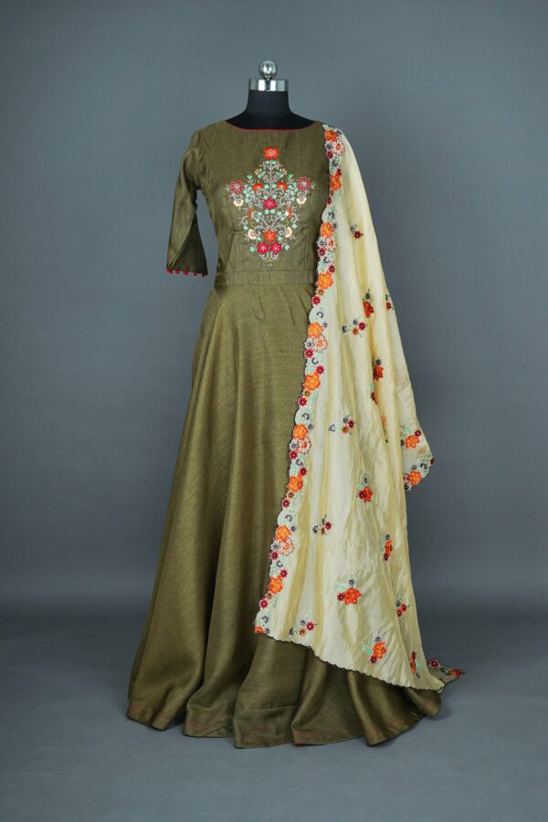 Olive green lehenga with half white shawl