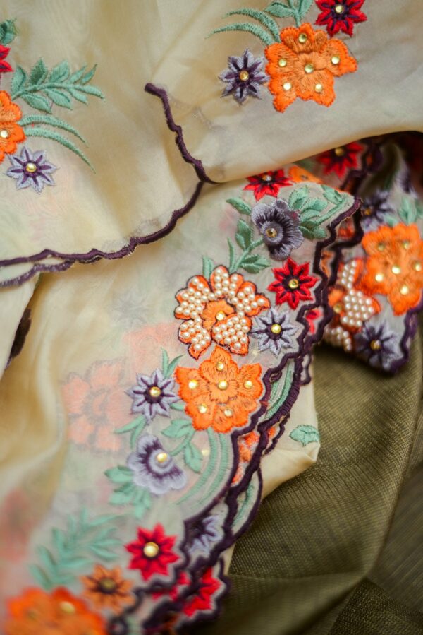 Olive green lehenga with half white shawl - Image 3