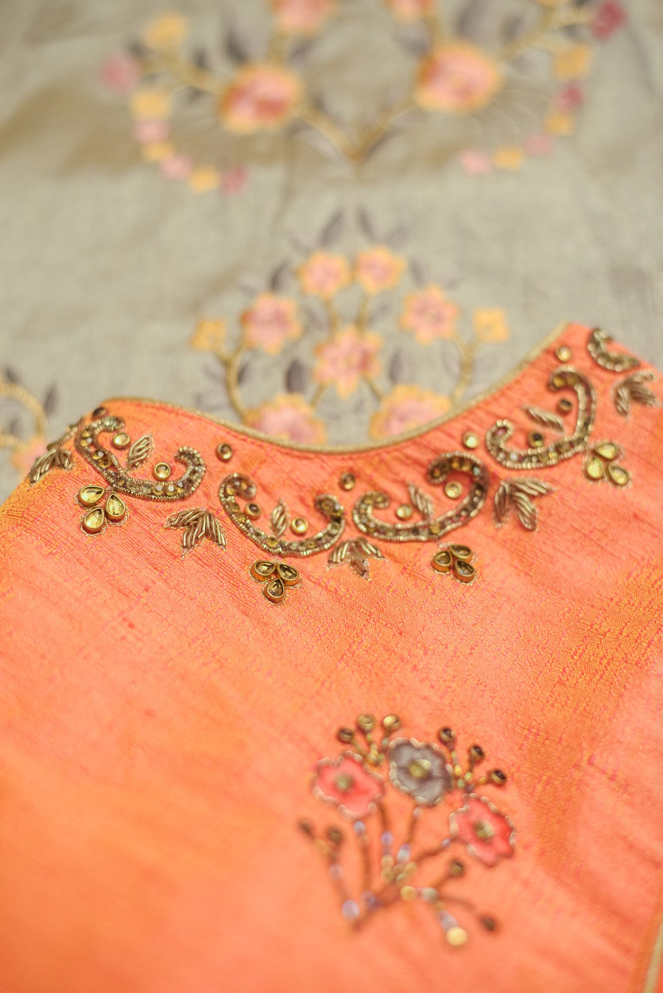 Orange top with light grey floral design bottom lehenga - Image 3