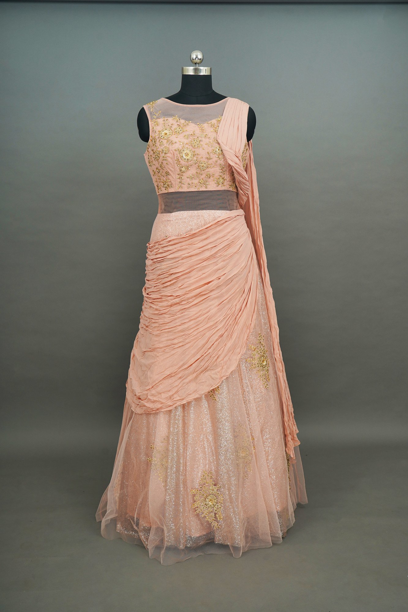 Pink floral top lehenga with net bottom