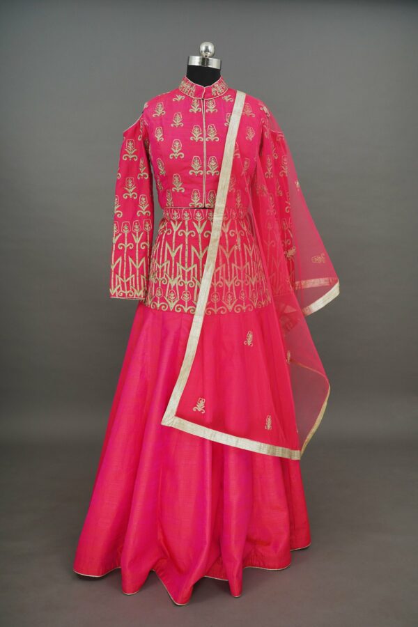 Pink top and bottom with closed neck top lehenga