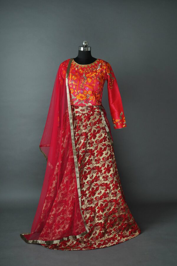 Red colour lehenga with Red floral design