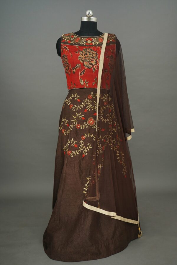 Red floral design top with Brown Bottom lehenga