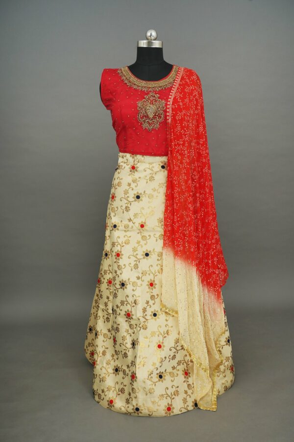 Red top with half white floral design bottom lehenga