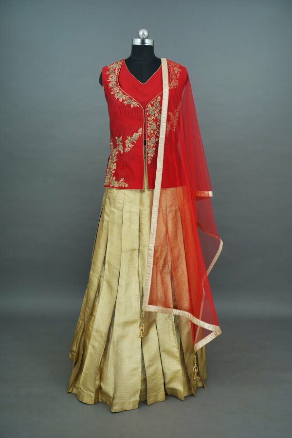 Red lehenga with floral design and golden bottom